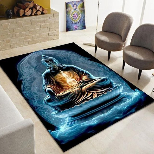 Karpetti Buddha Teppich mit Buddha Statue Muster in Blau, rutschfester Bereichsteppich für Wohnzimmer, Schlafzimmer oder Eingangsbereich, B/T: 60 x 90 cm - Bild 1