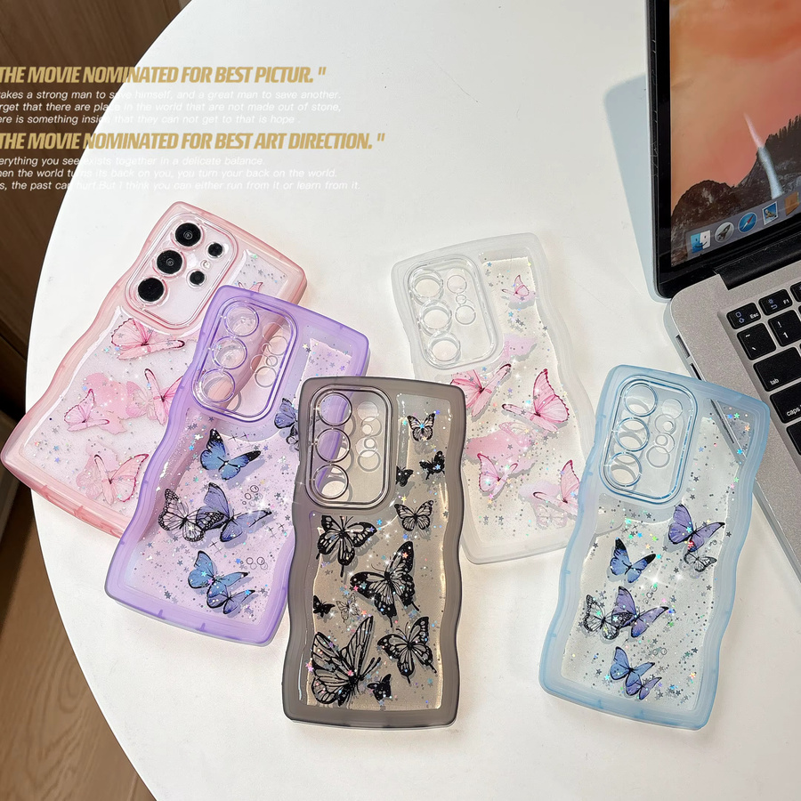 Glitzernde Handyhülle mit Sternenhimmel- und Schmetterlings-Design in Blau für Samsung Galaxy S22 S23 S24 S25 Ultra Plus FE mit unregelmäßigem gewelltem Rand und Anti-Drop-Schutz - Bild 3