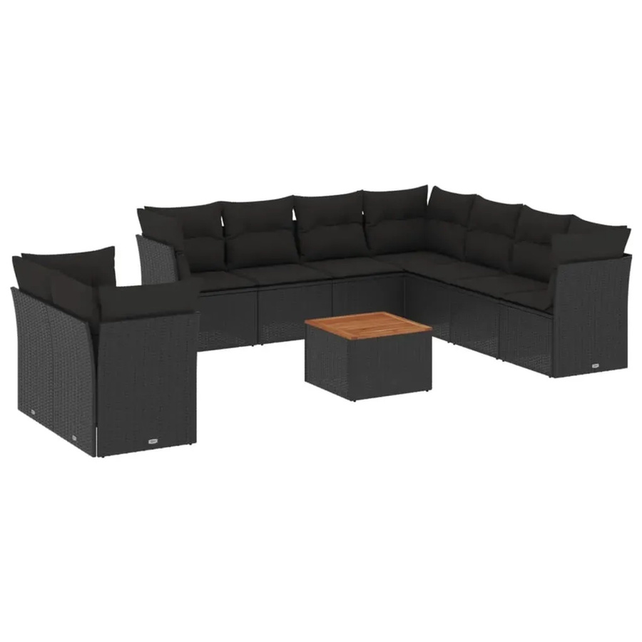 vidaXL 10-teilige Garten-Sofagarnitur in L-Form aus Polyrattan und Akazienholz mit Kissen in Schwarz - Bild 2