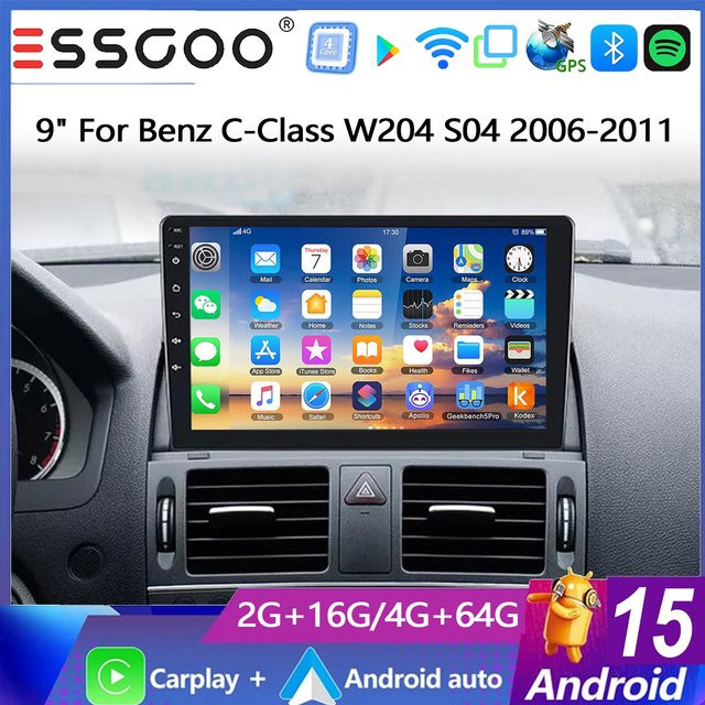 ESSGOO Android 15 Autoradio für Mercedes Benz C-Klasse W204 S204 (2008-2010) mit 9 Zoll IPS Touchscreen, kabelloses CarPlay, Android Auto, GPS, WiFi und Bluetooth in Schwarz - Bild 1