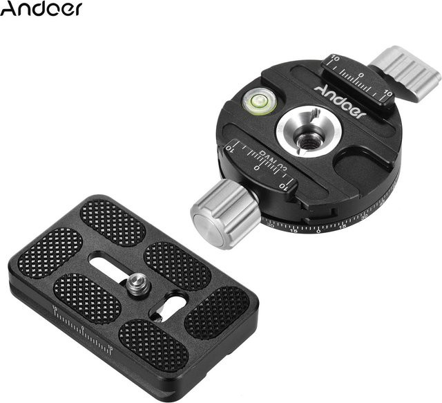 Andoer PAN-03 Panorama-Stativkopf mit Schnellwechselplatte und Klemmadapter im Arca-Swiss Standard aus Aluminium, Schwarz - Bild 1