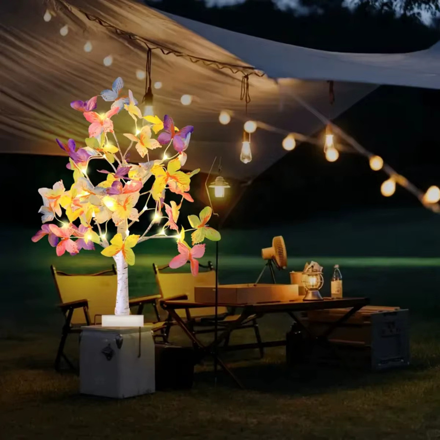 Peach Forest Künstliche Birke mit bunten Schmetterlingen und 24 warmweißen LED-Lichtern, Desktop-Nachtlicht mit Batterie- und USB-Betrieb, Mehrfarbig, Höhe: 60 cm - Bild 2