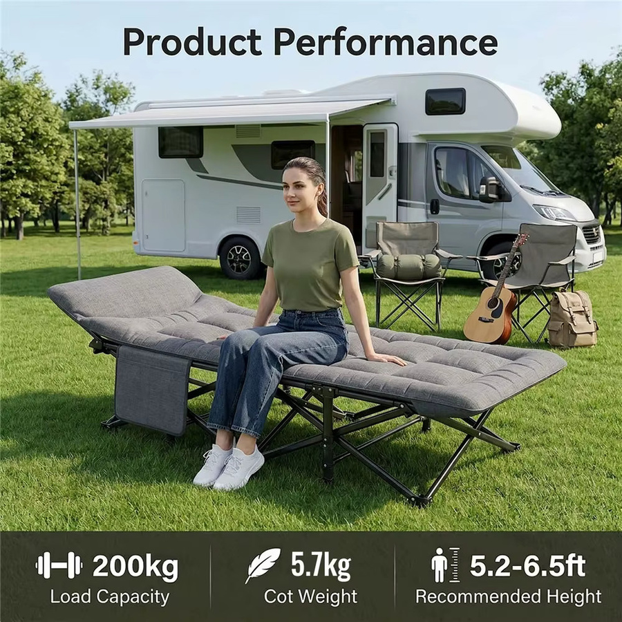 HGTUGO Klappbares Campingbett Grau mit Kissen und Seitentaschen, Tragbares Outdoor-Campingbett für Erwachsene mit 200 kg Tragkraft - Bild 7