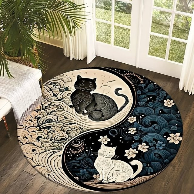 VIKAMA Runde Fußmatte im chinesischen Stil mit Tai-Chi-Yin-Yang-Katzen-Motiv, Wellen- und Blumenmuster, Multicolour, Durchmesser: 80 cm - Bild 1