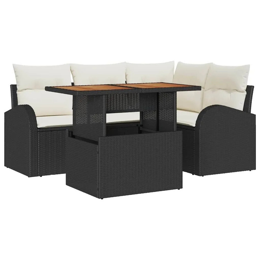 vidaXL Garten-Sofa-Set 5-tlg. in L-Form mit Kissen und Couchtisch, Schwarz und Beige - Bild 2