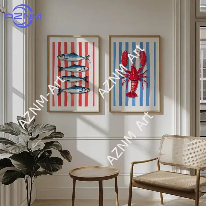 KAYOU Leinwanddruck Hummer und Sardinen in Blau-Rot Gestreift als Maritimes Wandbild für dein Modernes Wohnzimmer und deine Küche - Bild 2