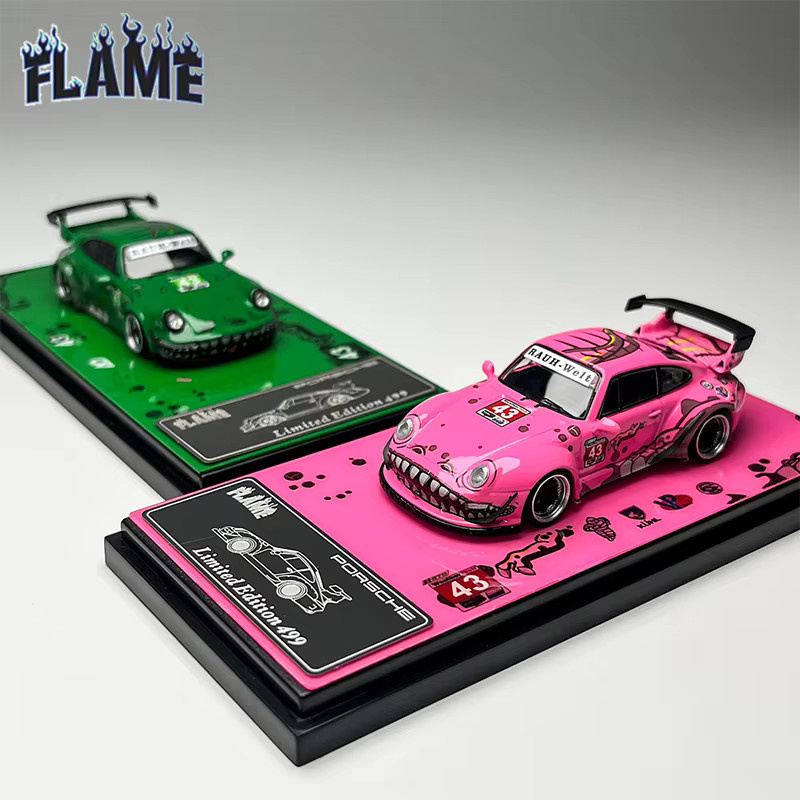 Bburago Miniatur Druckguss Auto Modell 1:64 Rwb 993 964 Dinosaurier Design in Rosa und Grün - Bild 2