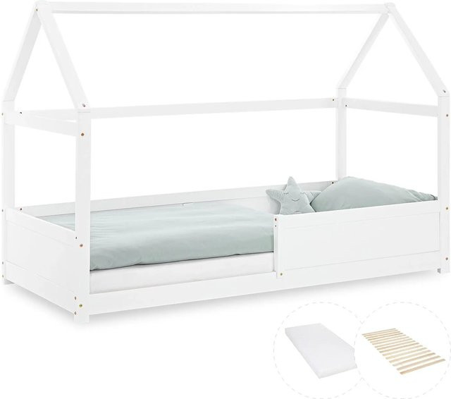 Homestyle4u Kinderbett Hausbett aus Kiefernholz mit Matratze und Rausfallschutz in Weiß, skandinavischer Stil, B/T/H: 90 x 200 cm - Bild 1