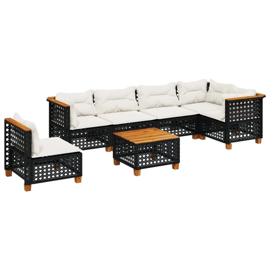 vidaXL 7-teilige Garten-Sofagarnitur in L-Form mit Tisch und Kissen, Schwarz und Cremeweiß, aus PE-Rattan und Akazienholz - Bild 2