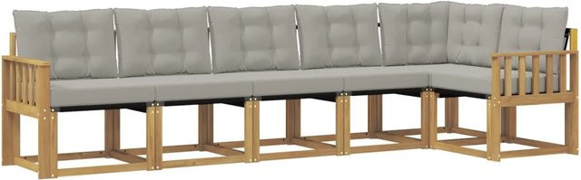 vidaXL Outdoor-Sofagarnitur 6-teilig in L-Form aus Akazienholz mit Textilene und Kissen in Weiß und Hellgrau - Bild 1