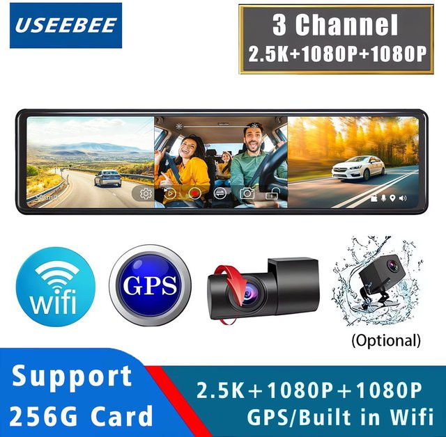 USEEBEE 3-Kanal Dashcam mit GPS und WIFI, 11,26 Zoll Auto Dashcam Spiegel mit 2,5K und Dual 1080P Auflösung, Rückfahrkamera Stick Recorder in Schwarz - Bild 1