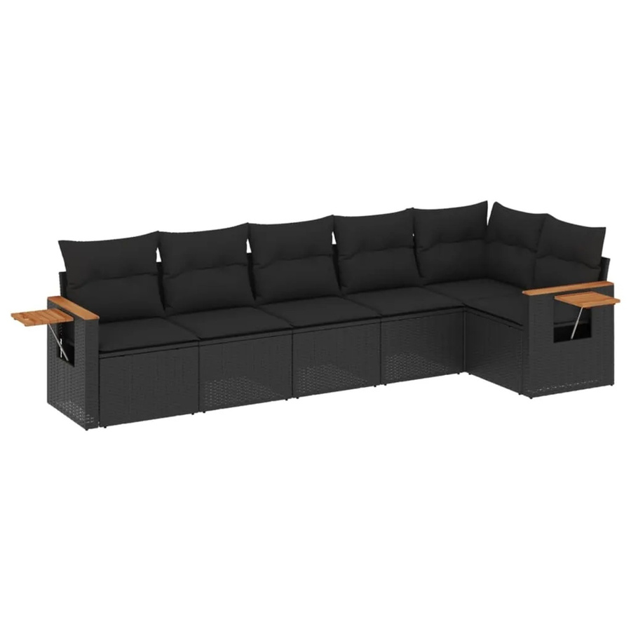 vidaXL 6-tlg Garten-Sofagarnitur in L-Form aus Poly-Rattan und Akazienholz mit Kissen in Schwarz - Bild 2