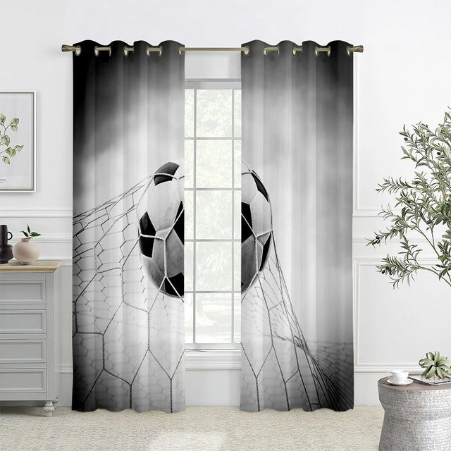Kinderliebling Fußball Vorhänge für Kinderzimmer, 2 Paneele mit Ösen, Schwarz-Weiß-Grau, Breite: 50 cm, Höhe: 130 cm - Bild 1