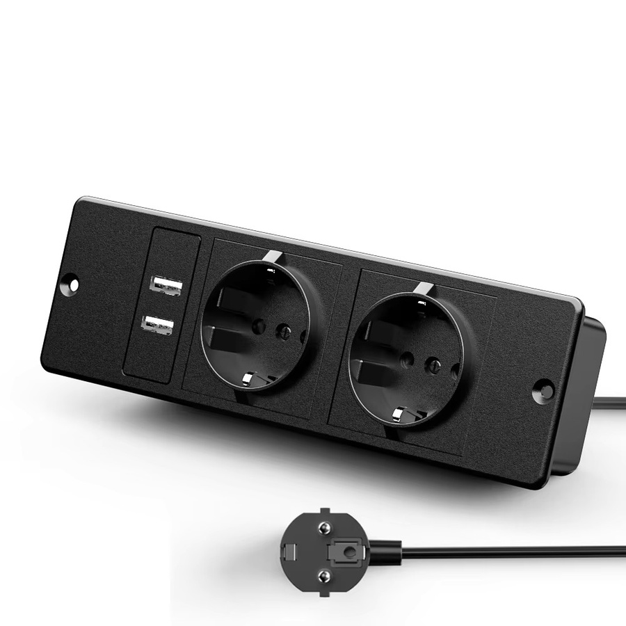 Eingebettete Steckdosenleiste in Schwarz mit 2 AC-Steckdosen, 2 USB-Anschlüssen und 1,5 m Kabel für Büro- und Konferenztische - Bild 2