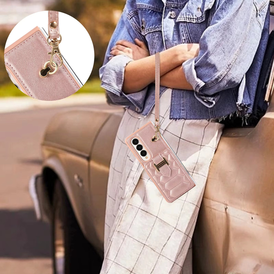 Samsung Folio Handyhülle für Galaxy Z Fold mit Handgelenkschlaufe, Leder-Kartenhalter und Brieftaschenfunktion in Gold oder Pink - Bild 3