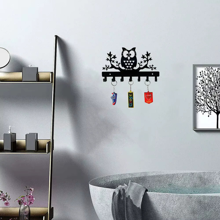 DDPNKL Schlüsselhalter aus Metall mit Eulen an Ahornbäumen und Ablage, Wandregal und Garderobe in Schwarz Matt - Bild 3