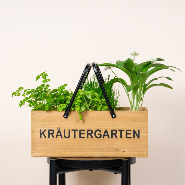 Holzkiste Übertopf BLUME2000 mit Schriftzug Kräutergarten in Braun und Schwarz, B/T/H: 19,5 x 15,5 x 19,5 cm - Bild 1