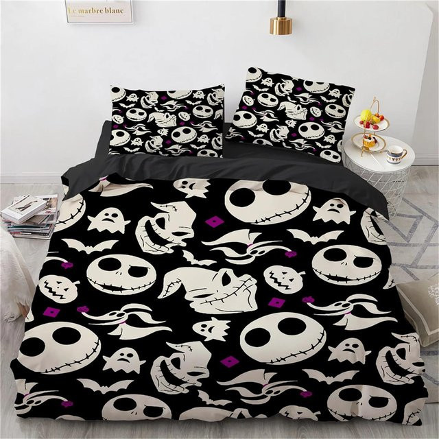Lodestar Nightmare Before Christmas Bettwäscheset mit Jack und Sally Totenkopf Design, Schwarz, B: 70 cm, L: 133 cm - Bild 1