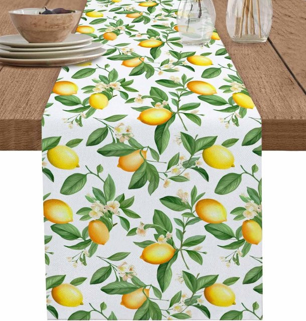 JMG Household Supplies Leinen Tischläufer mit Sommer Zitronenblüten-Design in Weiß, B/L: 33 x 150 cm - Bild 1