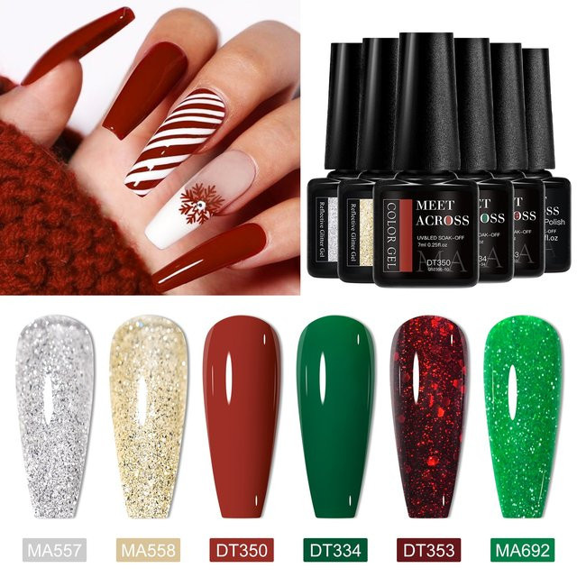MEET ACROSS Gel Nagellack Set, Rot Grün Glitter, 6 Stück - Bild 1