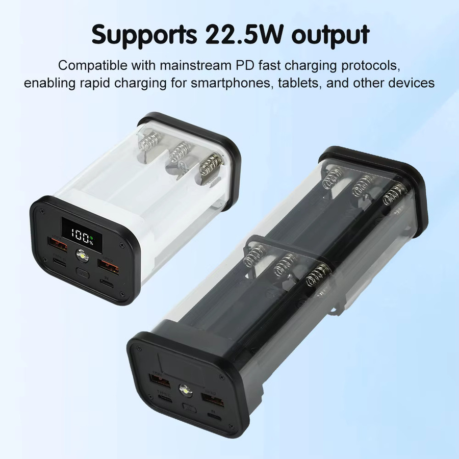 diymore Transparente 18650 Power Bank Hülle mit 22,5 W Schnellladung, LED-Anzeige, USB-A und Typ-C Port, Batterie-Aufbewahrungsbox für 6 oder 12 Zellen, Weiß - Bild 2