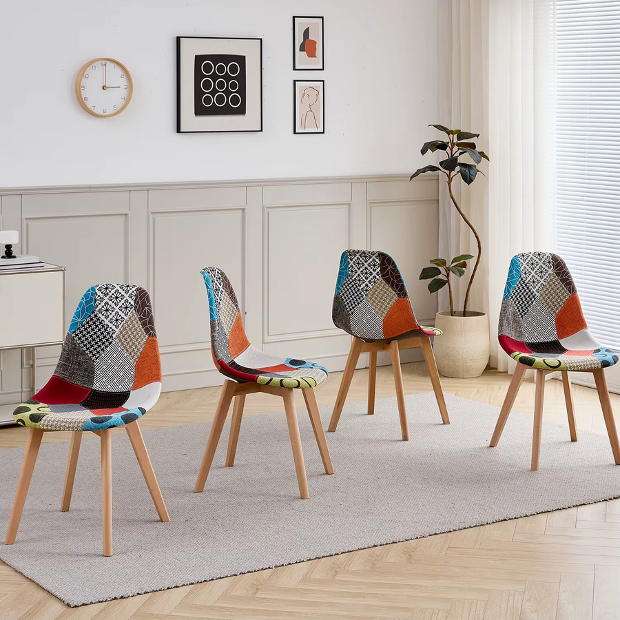 EGOONM 4er-Set Esszimmerstühle im nordischen Mittelalter-Stil mit Buchenholzbeinen und Patchwork-Stoff in Blau/Multicolor - Bild 3