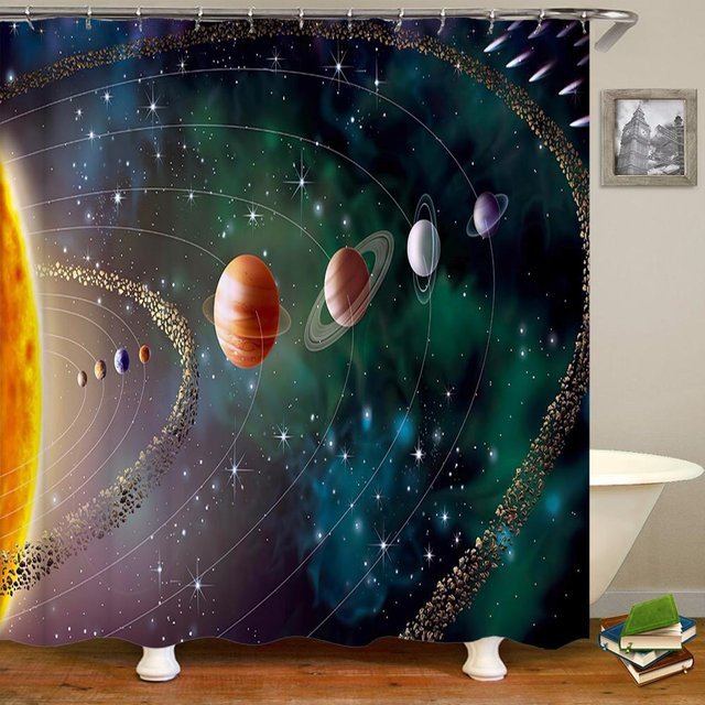 Wasserdichter Duschvorhang mit 3D-Druck Leuchtturm und Galaxy-Sternenhimmel aus Polyestergewebe, Multicolor, Breite: 90 cm, Höhe: 180 cm - Bild 1