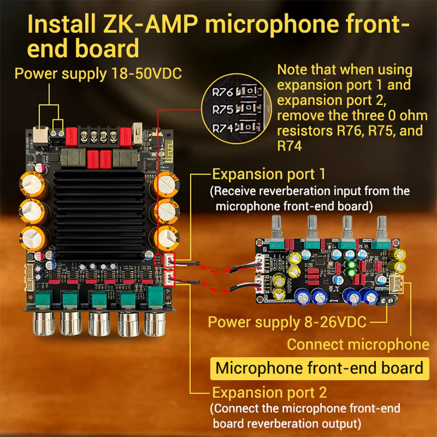 CUGUU ZK-SUB600 Bluetooth-Verstärkerplatine mit Subwoofer-Erweiterung, 2.1 Kanal, TPA3255-Chip, Schwarz - Bild 2