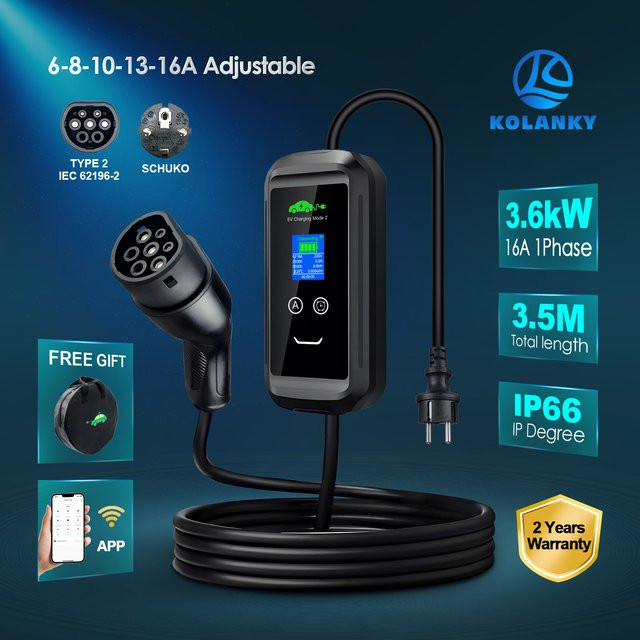 KOLANKY Tragbares EV-Ladegerät Typ 2 in Schwarz mit Tuya App Steuerung und Wi-Fi, 16A, 3,6 kW, EVSE-Wallbox mit Timer für Elektrofahrzeuge und Hybridautos, Kabellänge: 3,5 m - Bild 1