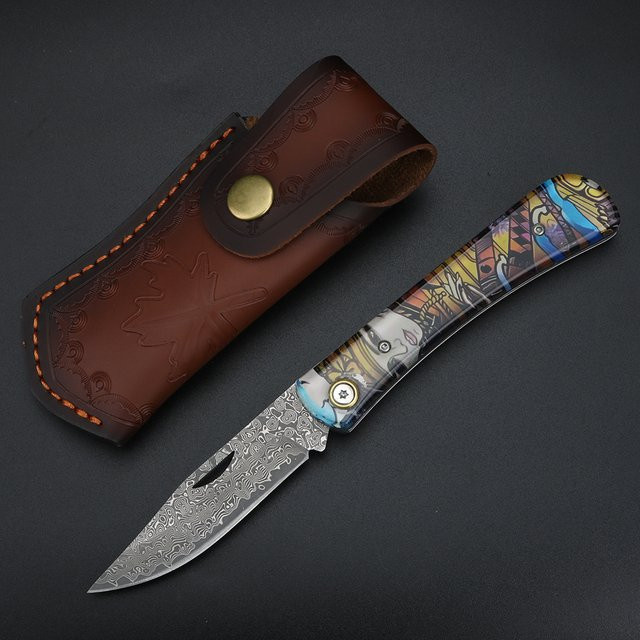 XUAN FENG Damast-Klappmesser mit transparentem Harzgriff in Multicolour als Camping-Multifunktionsmesser - Bild 1