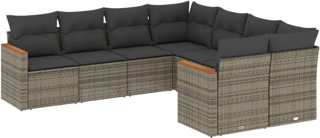 vidaXL 8-tlg Garten-Sofagarnitur in L-Form aus Polyrattan und Akazienholz mit Kissen in Grau - Bild 1