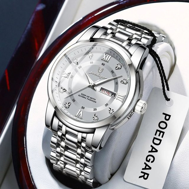 POEDAGAR Armbanduhr Edelstahl, Quarz, Silber, Herren, Datum, Wochentag - Bild 1