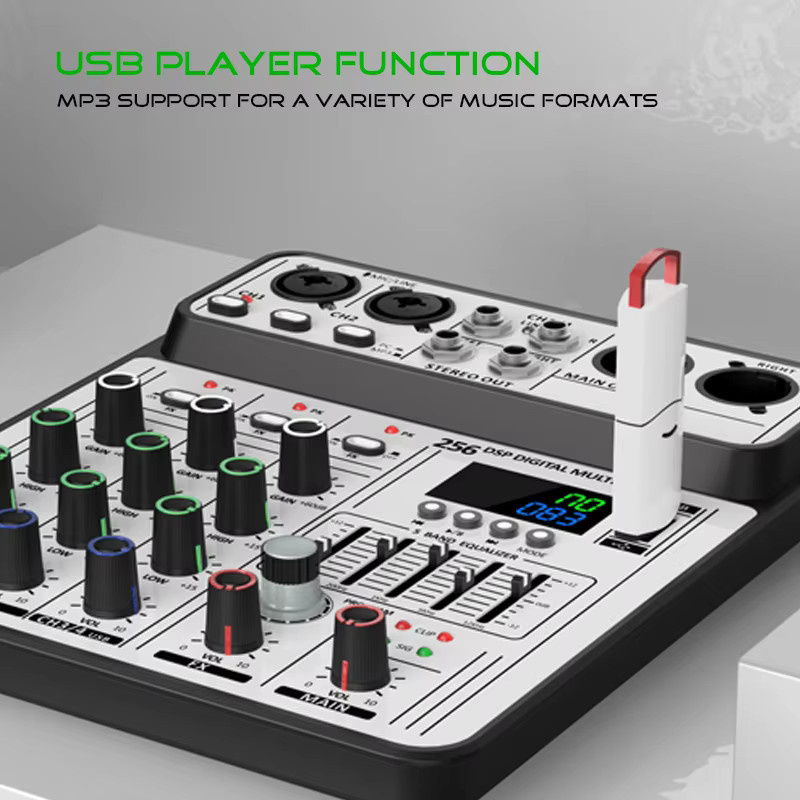 VBNM Professioneller 4-Kanal 256DSP Audio Mixer mit 48V Phantomspeisung, USB und Bluetooth in Weiß - Bild 4