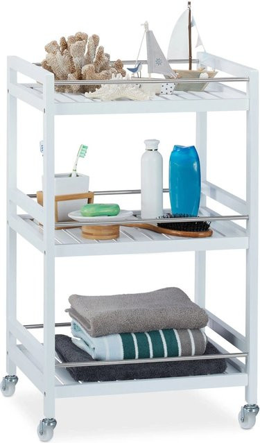 Relaxdays Servierwagen aus Bambus in Weiß mit 3 Ablagen und Rollen, B/T/H: 76,5 x 46 x 38 cm - Bild 1