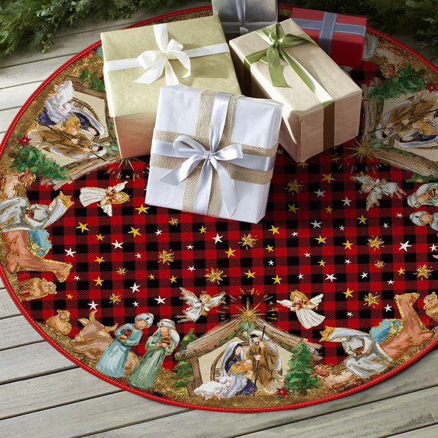 VIKAMA Weihnachtsbaumrock im roten und schwarzen Tartan-Design mit Krippen-Motiv für deine festliche Winterdekoration - Bild 1