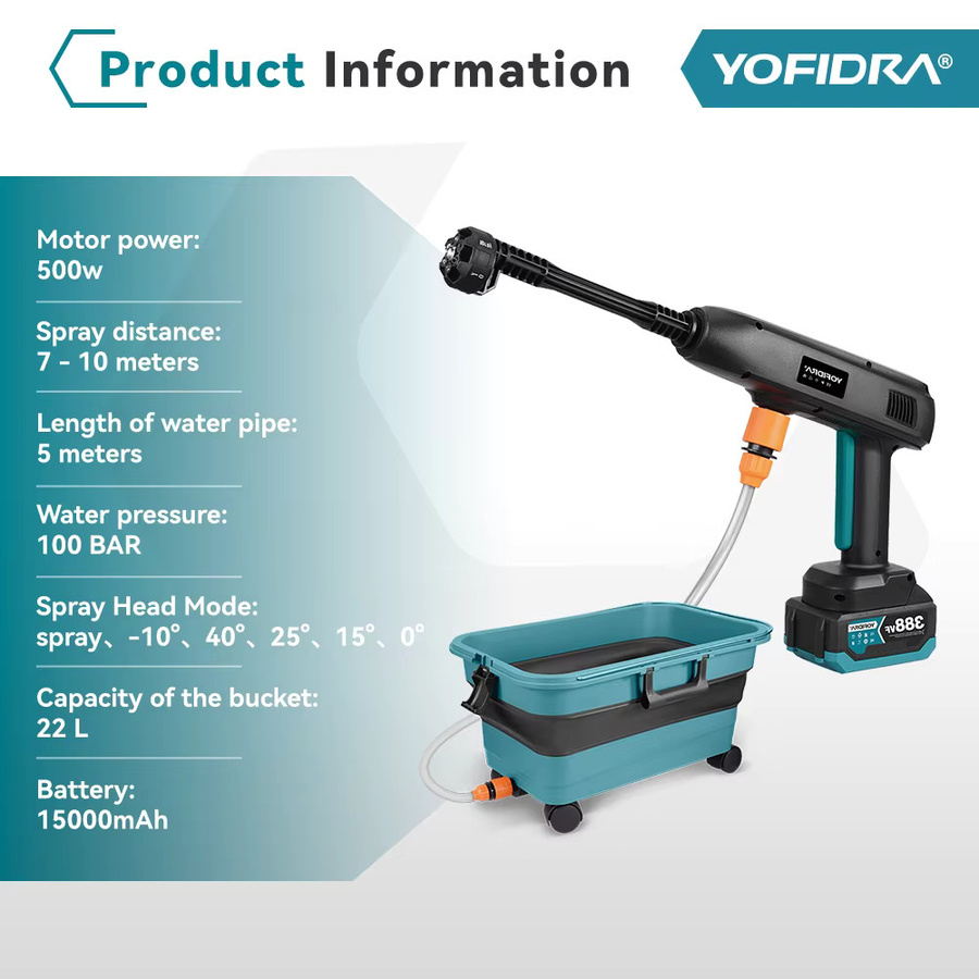 YOFIDRA 6in1 Elektrische Hochdruck-Spritzpistole mit 100 Bar und faltbarem 22L Wasserbehälter für Makita 18V Akku - Bild 2