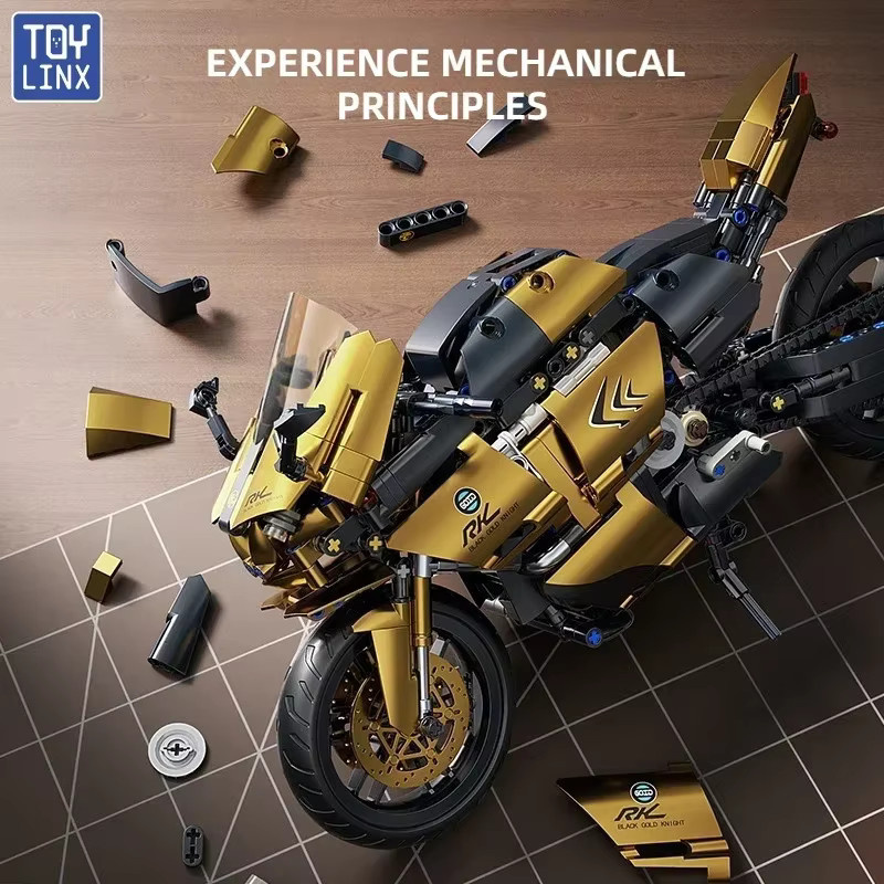 TOYLINX Technic Motorrad-Bausteine, 703-teiliges Set, Maßstab 1:10, Schwarzgold - Bild 3