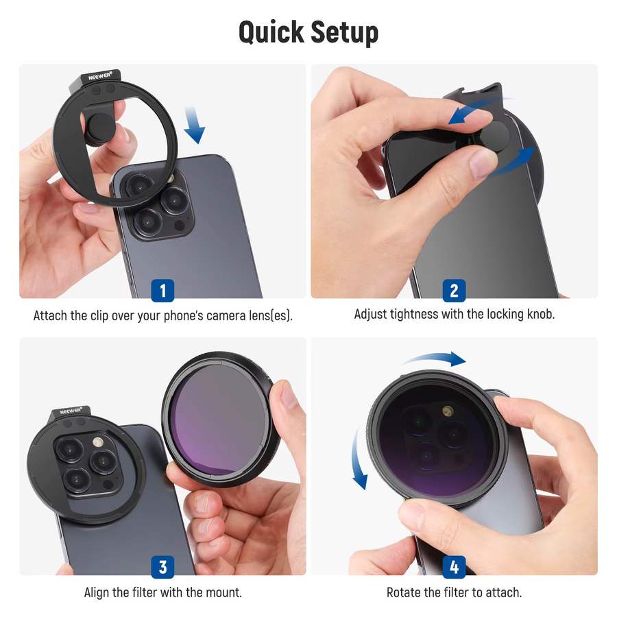 NEEWER Clip On 67 mm ND2-32 Magnetisches Telefonobjektiv-Filter-Set mit Magnetischem Adapterring in Schwarz für iPhone 15 Pro Max und Galaxy S22 - Bild 2