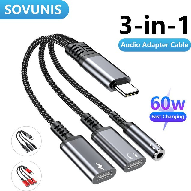 3-in-1 PD 60 W Schnellladeadapter mit USB-C auf Dual USB-C und 3,5 mm Klinke für iPhone 16 15 und Samsung in Schwarz und Rot - Bild 1