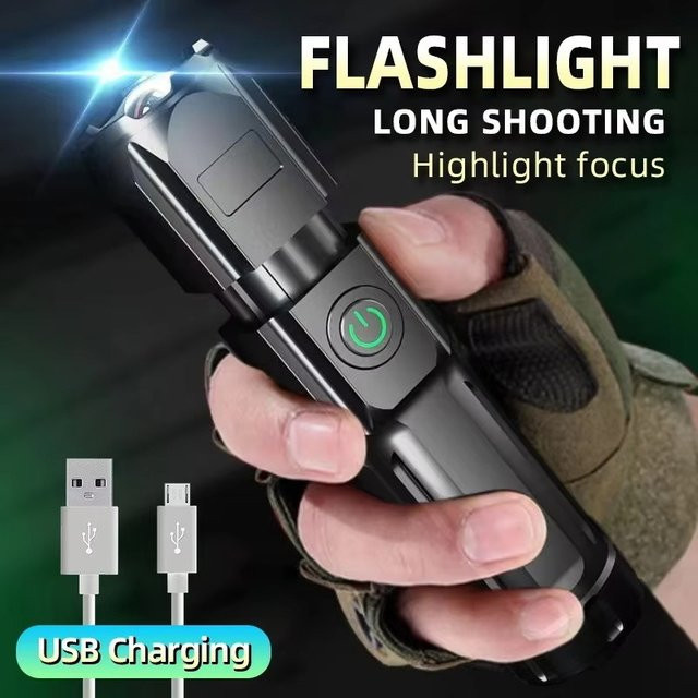 VORTNGLE Taktische LED Taschenlampe aus Metall, Wasserdicht und USB-aufladbar, Schwarz - Bild 1