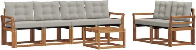 vidaXL Outdoor-Sofagarnitur 7-teilig aus Akazienholz und Textilene in Grau und Natur mit Kissen und Tisch - Bild 1