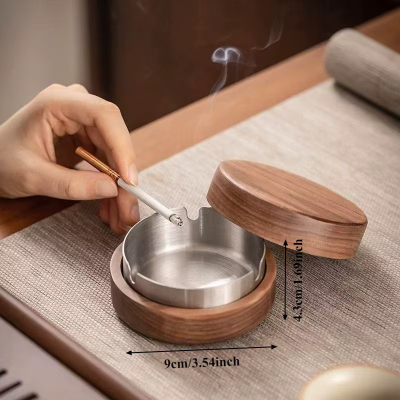 KeYi Desktop-Aschenbecher aus Edelstahl und Walnussholz mit Deckel, winddicht, Farben: Braun, Schwarz, Silber - Bild 3