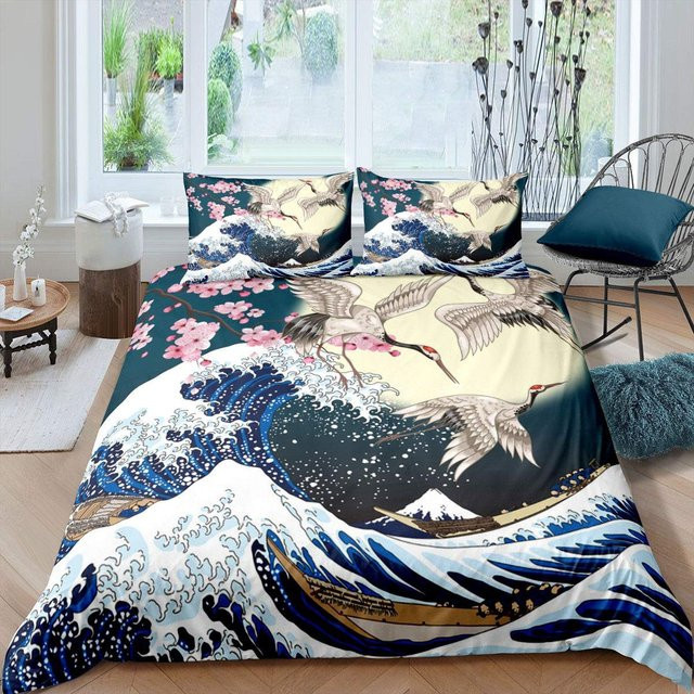 Bettwäscheset im japanischen Stil mit Kran und Kirschblüten Muster, inklusive Kissenbezügen, Single Bettwäsche, B/H: 135 x 200 cm - Bild 1