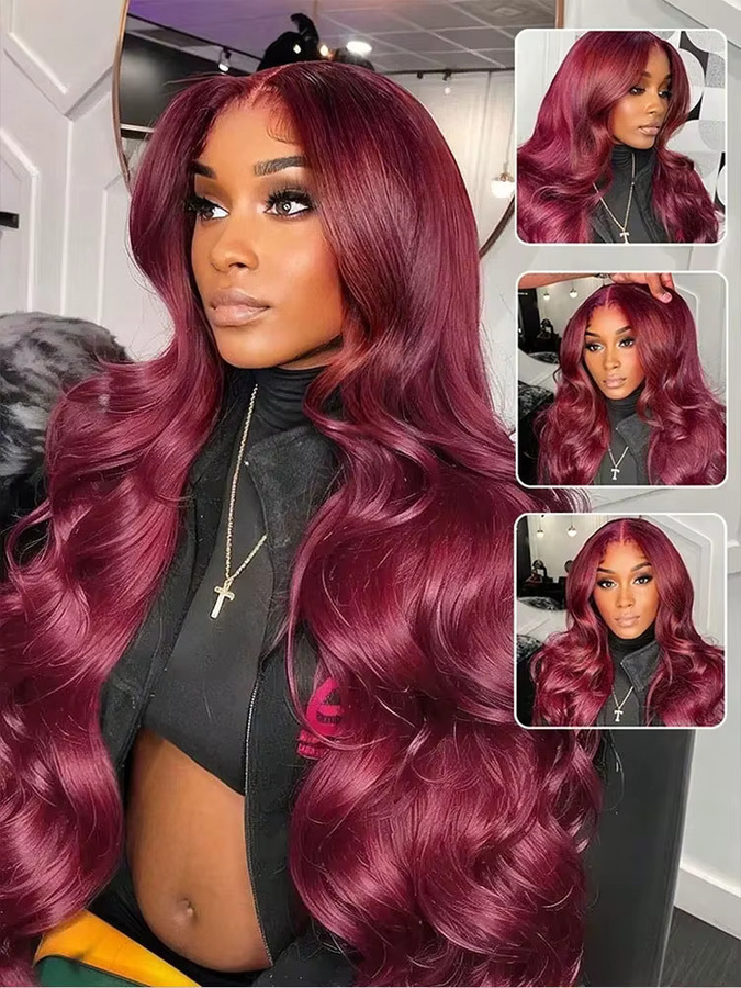 BUNGIOL Perücke Echthaar, Body Wave, Burgunderrot, 36 Zoll, 250% Dichte - Bild 3
