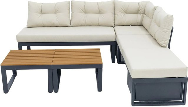 okwish L-Shape Gartenmöbelset in Beige mit Sofa, Couchtisch, Eckmodul und Aufbewahrungsbox aus pulverbeschichtetem Stahl und UV-beständigem Polyester - Bild 1