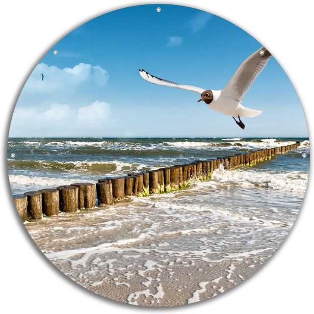 Wallario Gartenposter Fliegende Möwe am Strand in Blau, Breite: 60 cm, Höhe: 90 cm - Bild 1