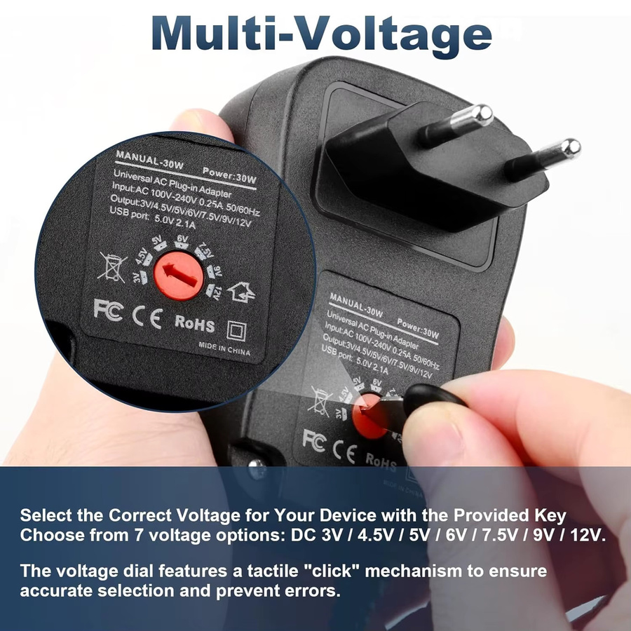 AEVYVKV Einstellbares Universal Netzteil mit USB-A und USB-C, 30W, Schwarz, AC 220V/110V zu DC 3V-12V Adapter mit 5V 2,1A USB-Ausgang - Bild 4
