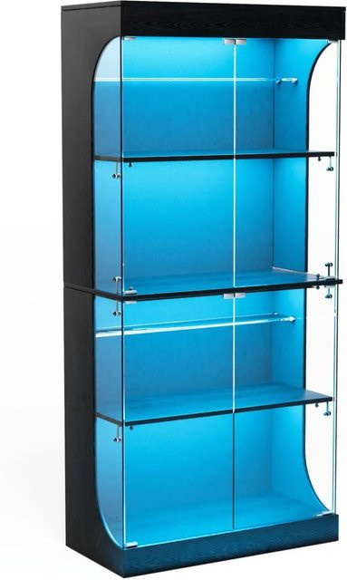 PXloue Glasvitrine Schwarz mit LED-Beleuchtung und Ladestation, B/T/H: 80 x 35 x 165 cm - Bild 1