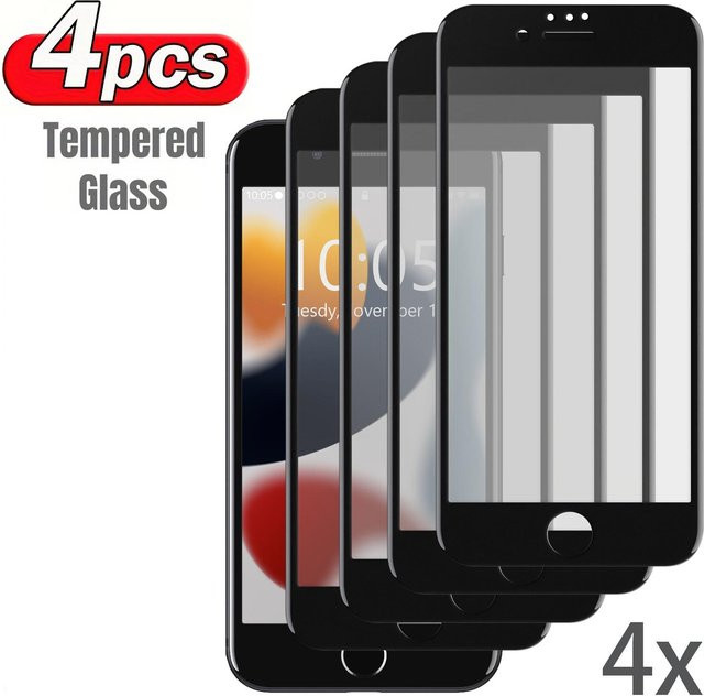 4 Stück Panzerglas Vollabdeckung Displayschutzfolie für Apple iPhone 6, 6s, 7, 8 und iPhone SE (2020, 2022), 9H Härte, Schwarz - Bild 1