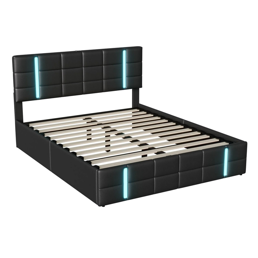 PXloue Doppelbett Polsterbett mit LED, USB-Anschluss und Stauraum, Schwarz, B/T/H: 140 x 200 x 103 cm - Bild 2